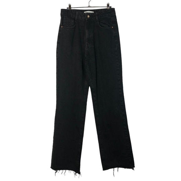 Zara Black High Rise Frayed Hem Straight Leg Jeans 6 - Picture 1 of 4